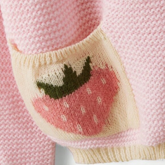 Pink Casual Women's Strawberry Print Bishop Sleeve sweater Cardigan - Picture 3 of 4